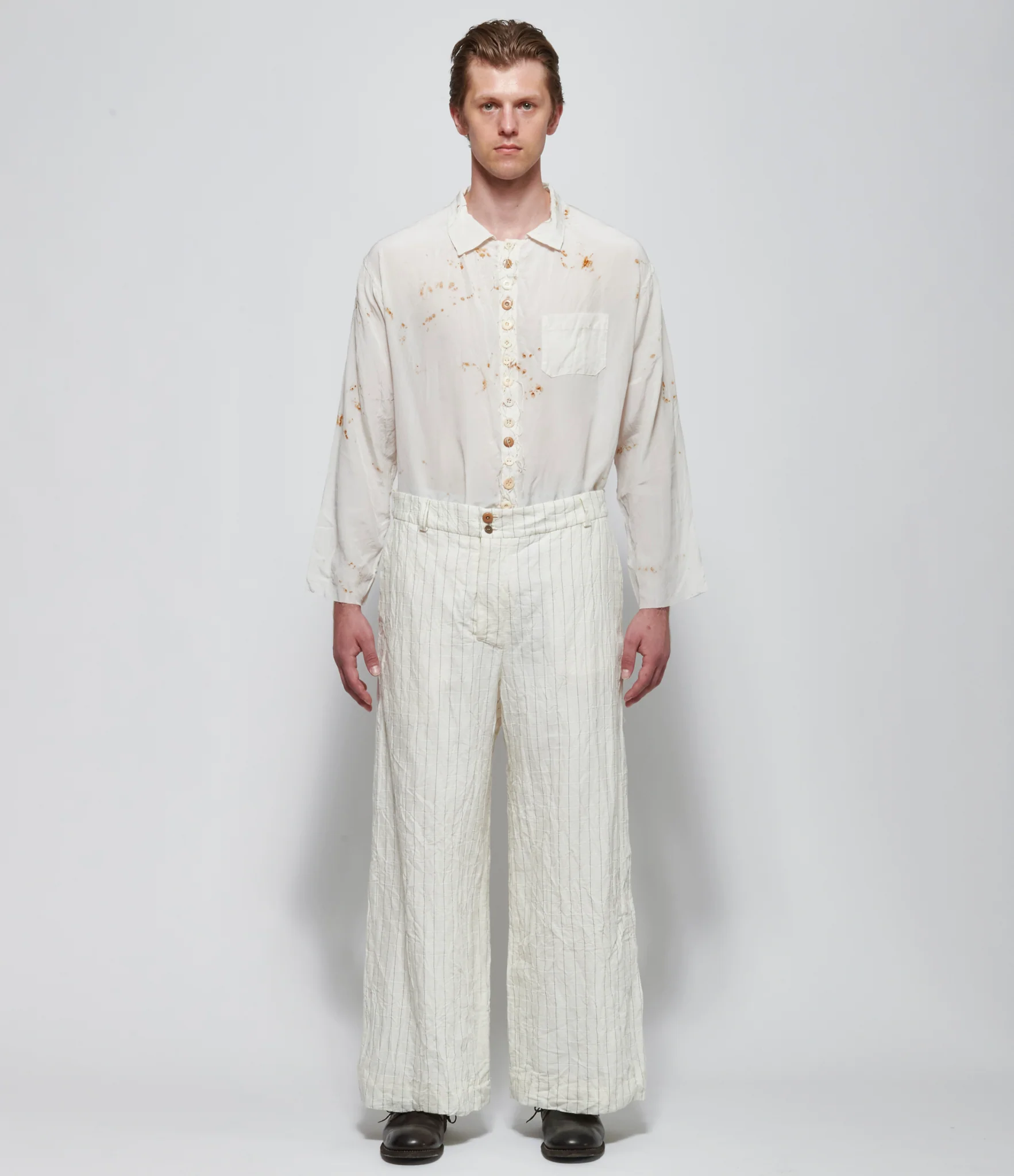 Archivio J.M. Ribot Crinkled Ivory Grid Trousers