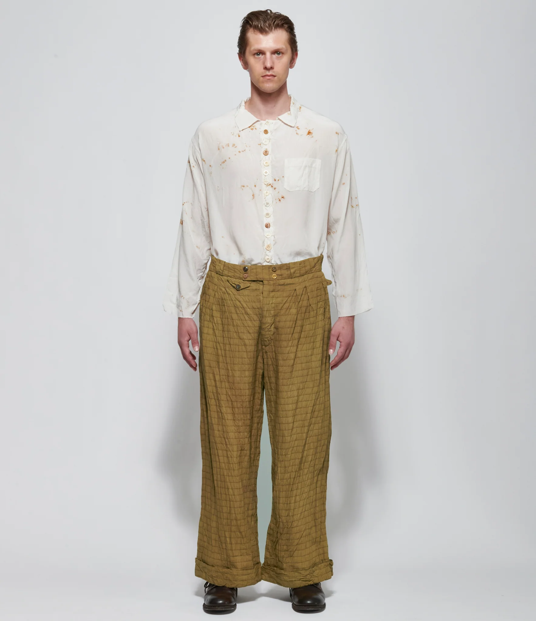 Archivio J.M. Ribot Crinkled Ochre Grid Trousers