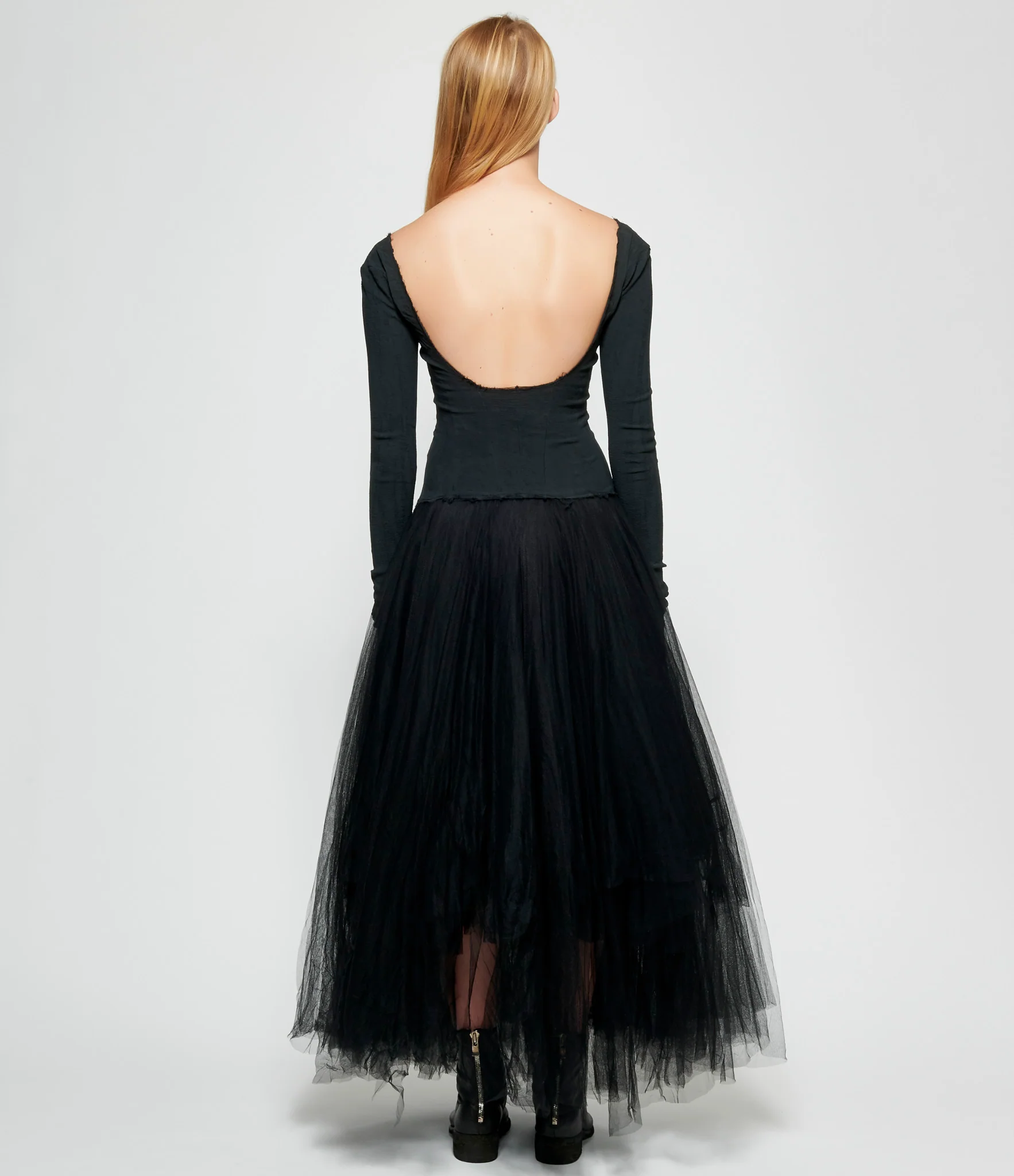Marc Le Bihan Black Long Sleeve Silk Elastane Paneled Low Back Tulle Dress - Image 3