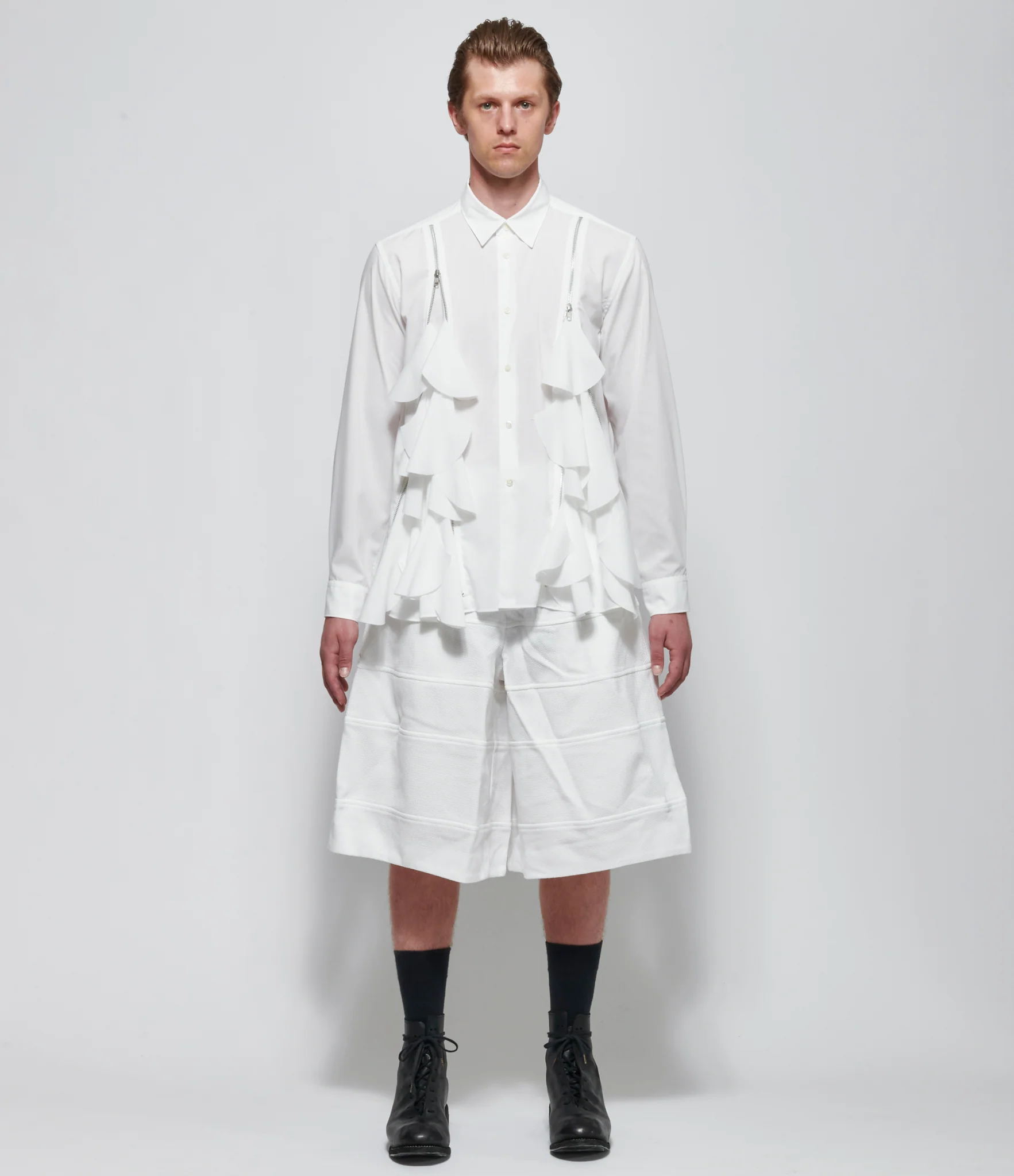 SS26 Comme Des Garcons Homme Plus Ruffle Zip White Shirt