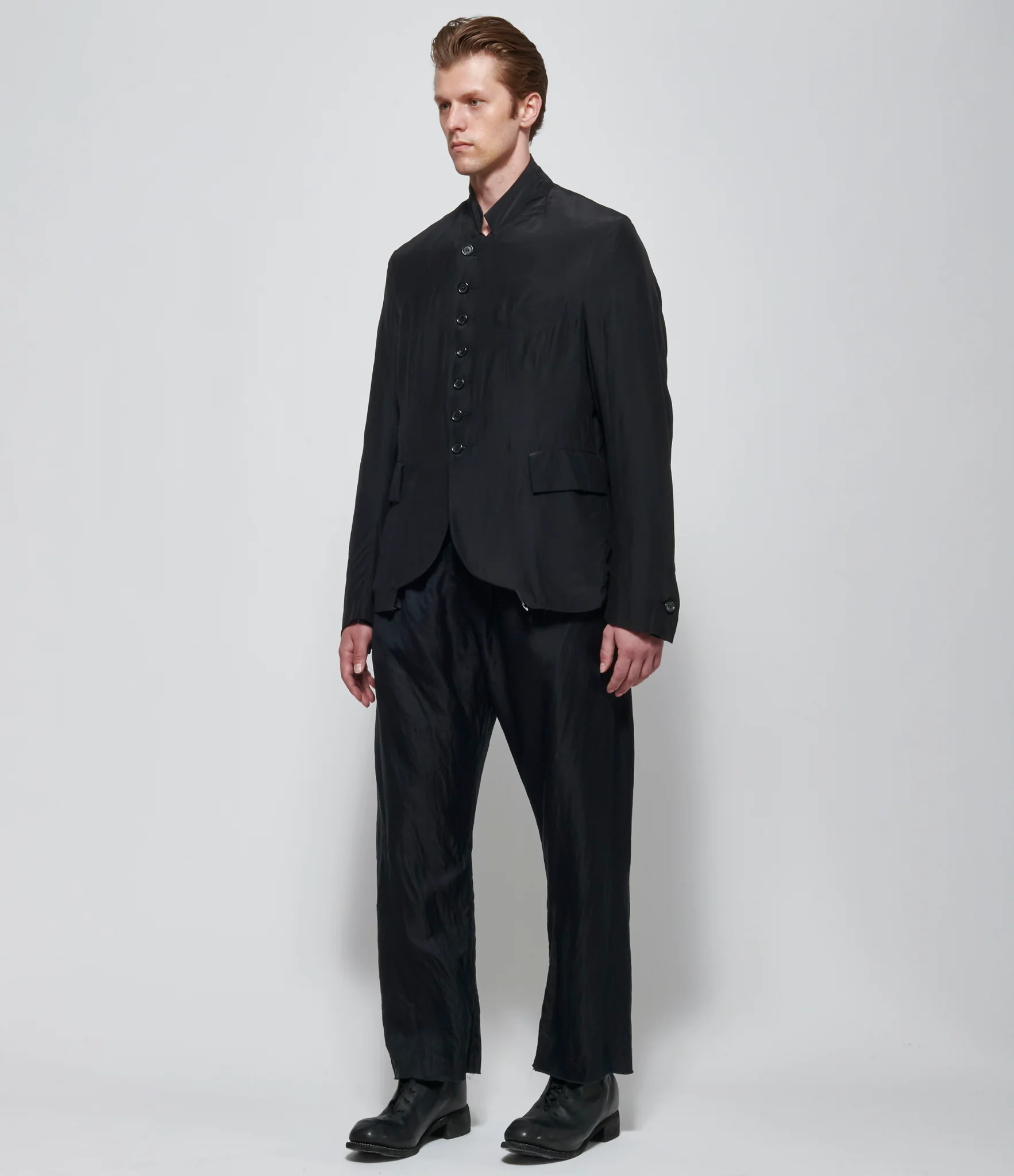 SS26 Elena Dawson Mens Black Silk Satin Reverse 7X Short Blazer Notch - Image 2