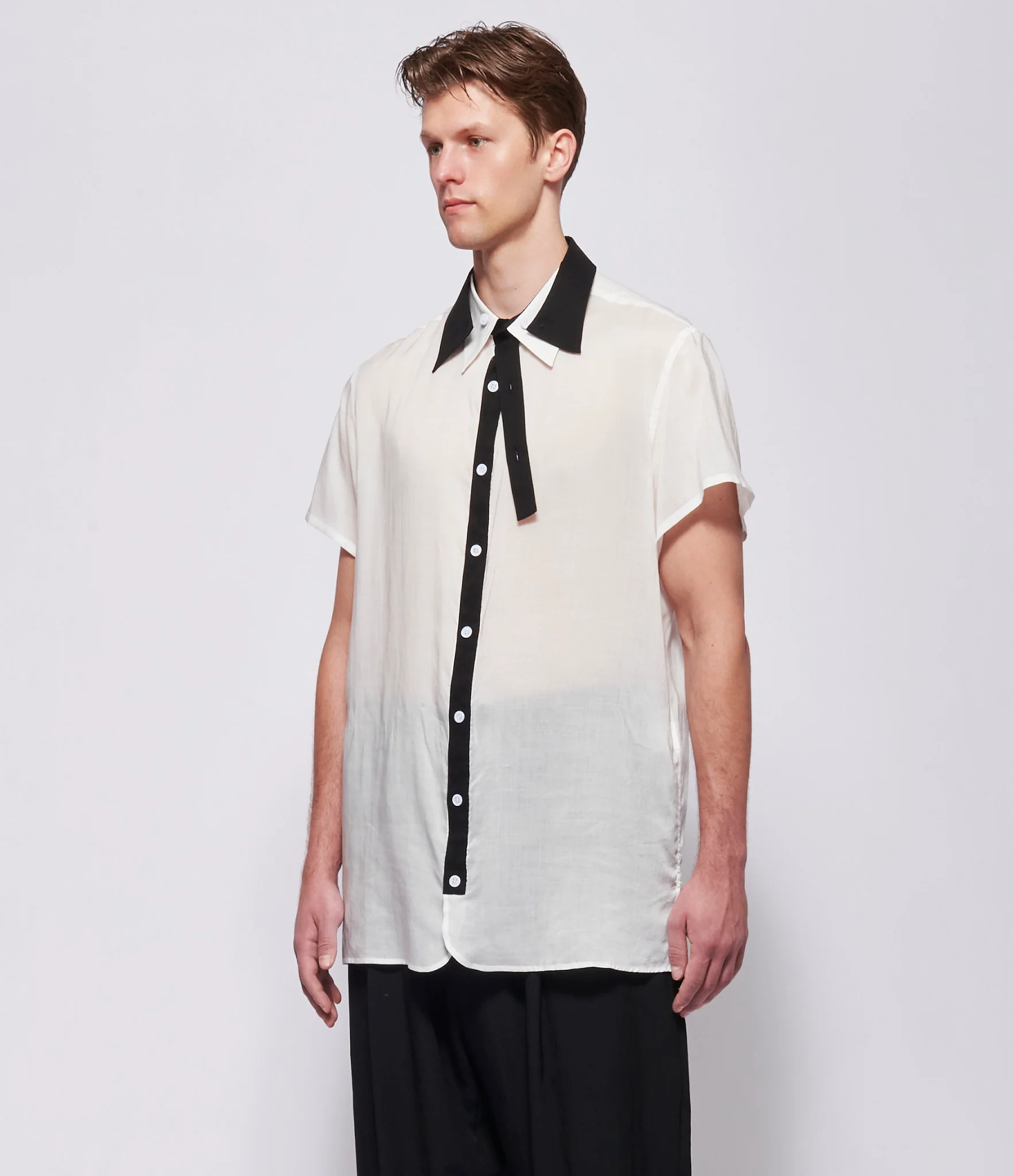 SS26 Yohji Yamamoto Mens Black and White Double Collar Blouse - Image 3